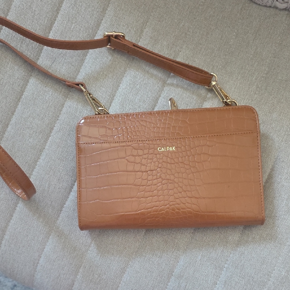 Calpak Brown Croc-Embossed Travel Crossbody Bag